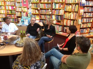 De Thriller Sessies bij boekhandel Verkaaik in Gouda, met Patricia Snel, Ate de Jong en Michael Berg.
